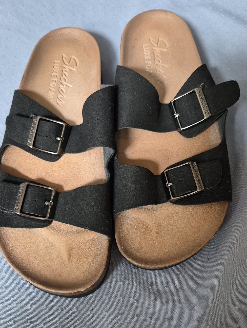 Skechers Luxe Foam Black Double-Band Buckle Women's 9 Slide Sandals 56090 Comfy